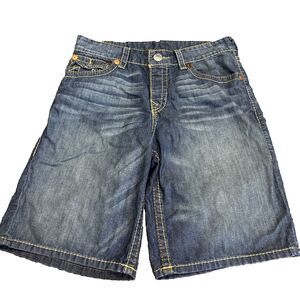True Religion Surf Board Short Dark Denim Blue Logo Flap Men's Size 33 RARE